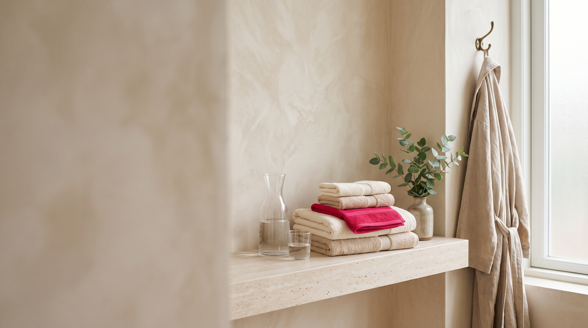 Rustige badkamer met opgevouwen handdoeken en eucalyptus, klaar om een anale douche te gebruiken