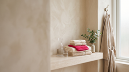 Rustige badkamer met opgevouwen handdoeken en eucalyptus, klaar om een anale douche te gebruiken