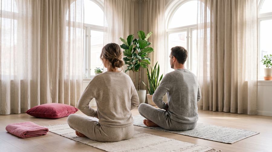 Bekkenbodem oefeningen voor vrouw en man, ontspannen zittend op een yogamat