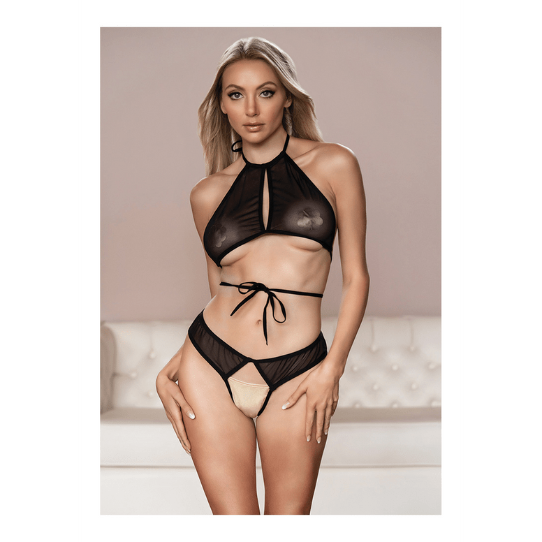 Marley Mesh Peekaboo Set met Open Panty - Zwart