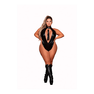 Faux Halter Teddy with Flogger - Plus Size - Black