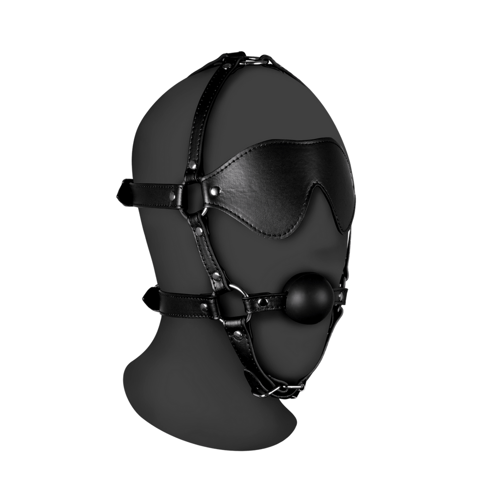 Blindfolded Head Harness with Solid Ball Gag - Black