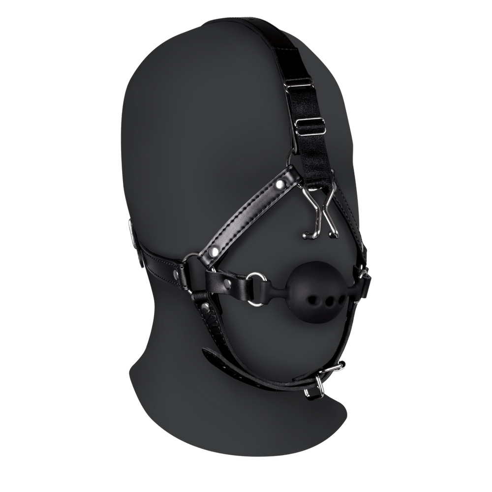 Head Harness with Breathable Ball Gag and Nose Hooks - Black