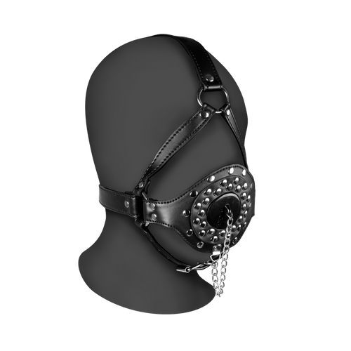 Open Mouth Gag Head Harness with Plug Stopper - Black