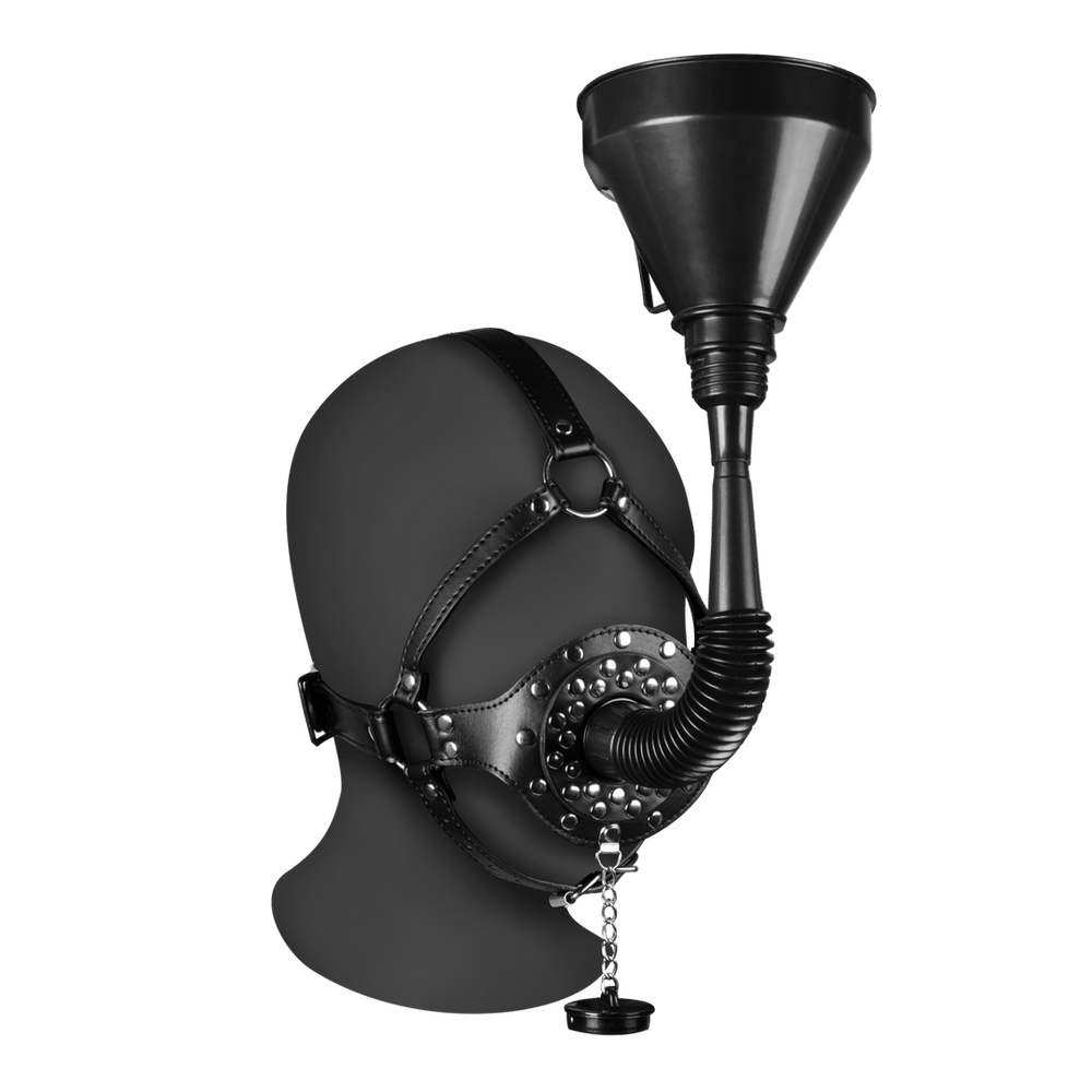 Open Mouth Gag Head Harness with Funnel - Black