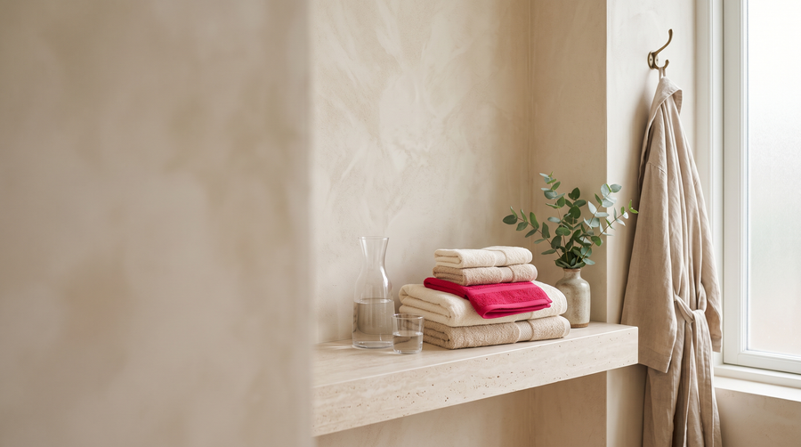 Rustige badkamer met opgevouwen handdoeken en eucalyptus, klaar om een anale douche te gebruiken