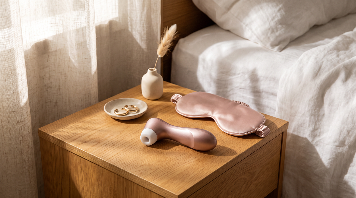 Satisfyer Pro 2 luchtdruk vibrator op een eikenhouten nachtkastje met zijden slaapmasker in ochtendlicht