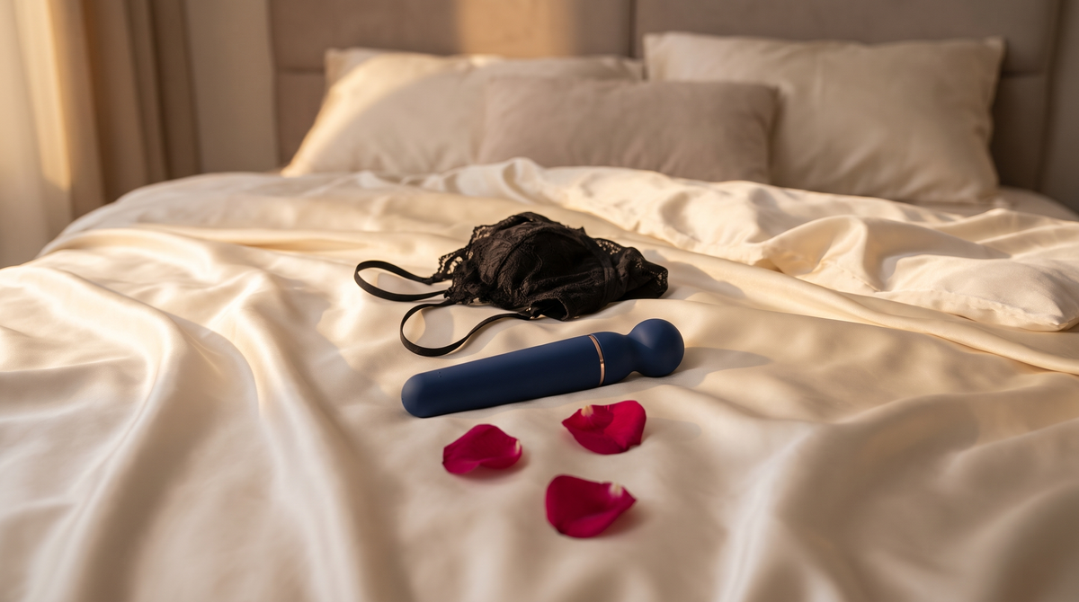 Blauwe Satisfyer Planet Wand-er wand vibrator op crème satijnen lakens, met een zwarte kanten bralette en rozenblaadjes