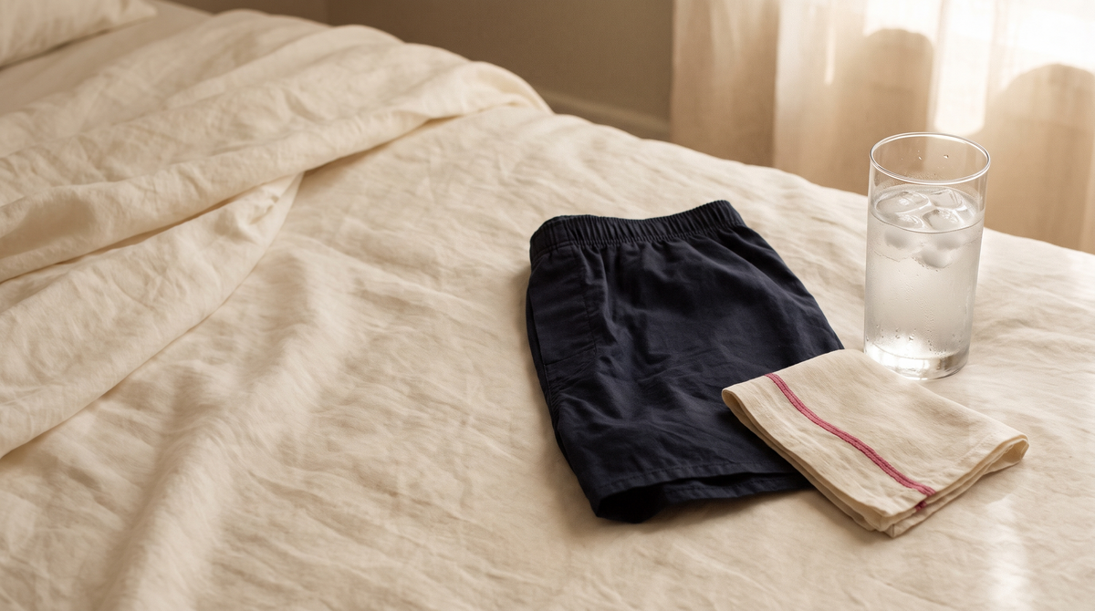Opgevouwen donkerblauwe boxershort naast een glas ijswater op een bed, als beeld bij blauwe ballen