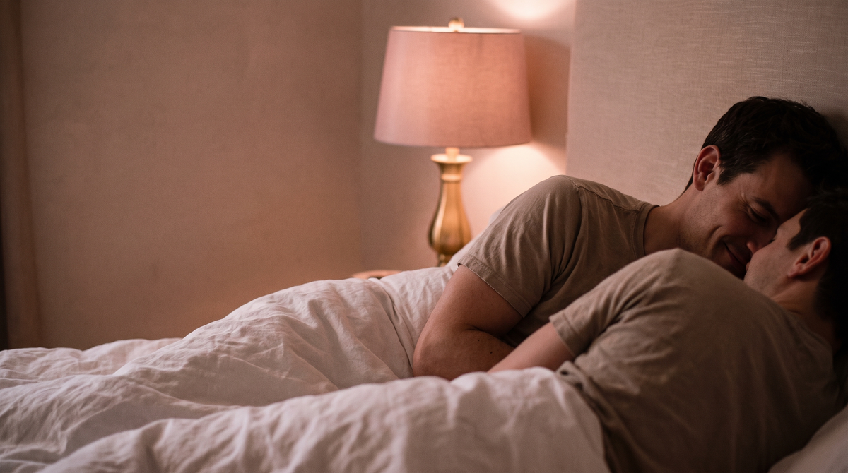 Dirty talk: koppel fluistert elkaar iets toe in bed onder witte lakens