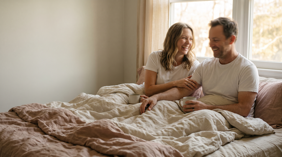 Stel drinkt lachend koffie op bed terwijl de partner een hand op zijn arm legt