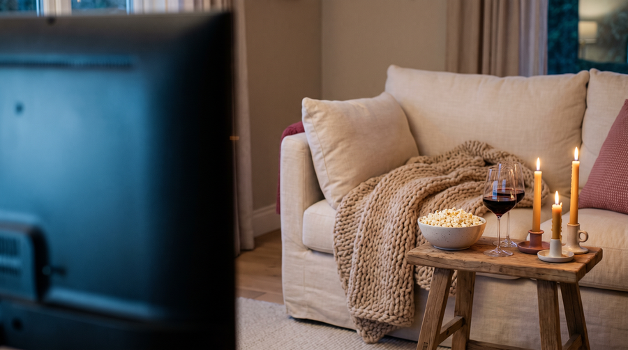 Bank met een deken, twee glazen wijn en popcorn voor een televisie, klaar voor een avond erotische films
