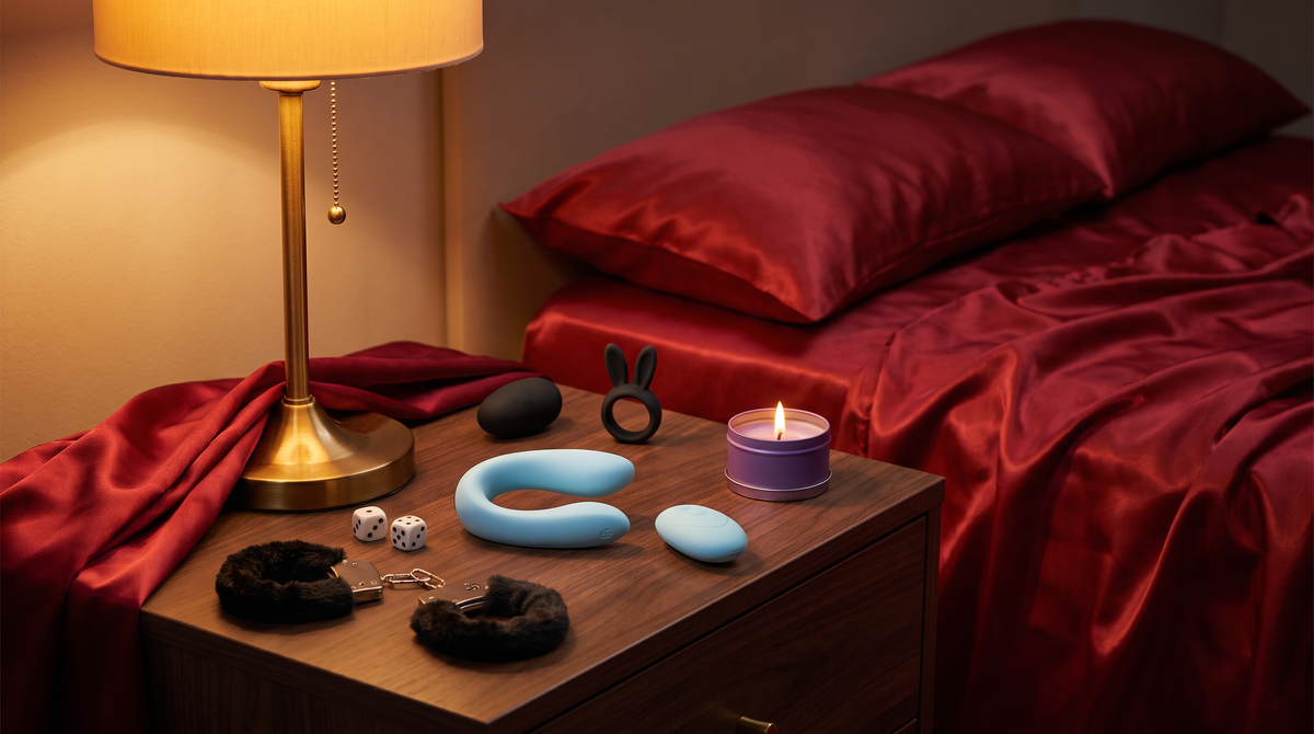 Koppelvibrator, vibrerend eitje, rabbit cockring, bonte handboeien, dobbelstenen en massagekaars op een nachtkastje