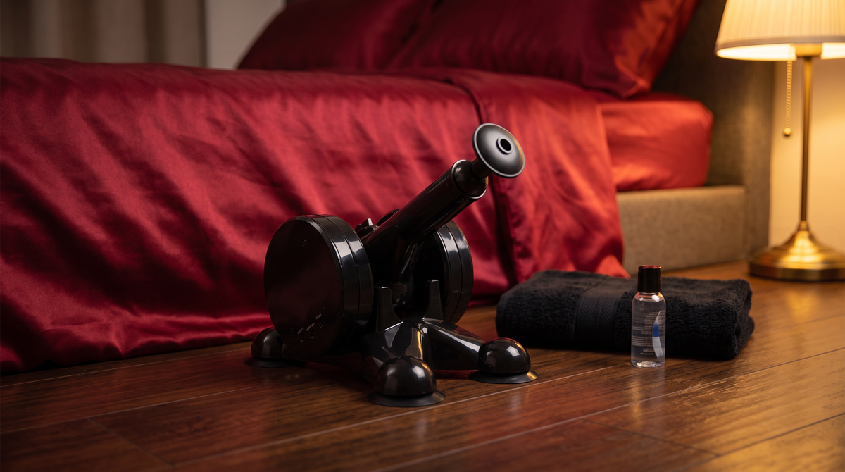 Seksmachine met kantelbare arm en vier zuignapvoeten op een houten vloer naast een bed met rode satijnen lakens