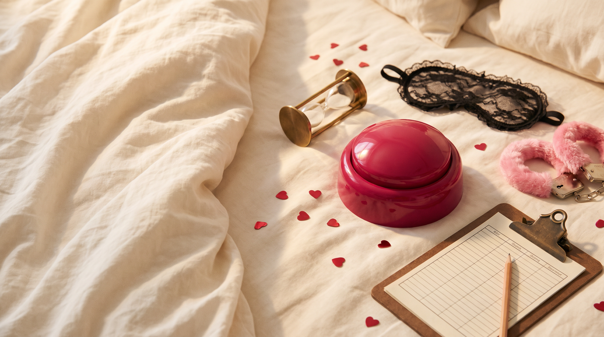 Rode quizbuzzer, zandloper, kanten oogmasker en roze pluizige handboeien op bed, klaar voor de sex quiz