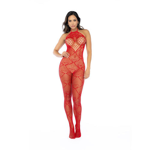 Hart Visnet Bodystocking met Strass Detail - Één Maat - Rood