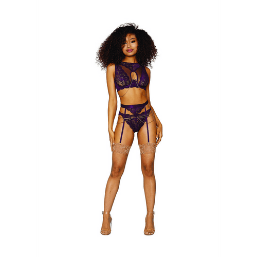 Women's Lace and Mesh 3-delige lingerieset - S - Aubergine