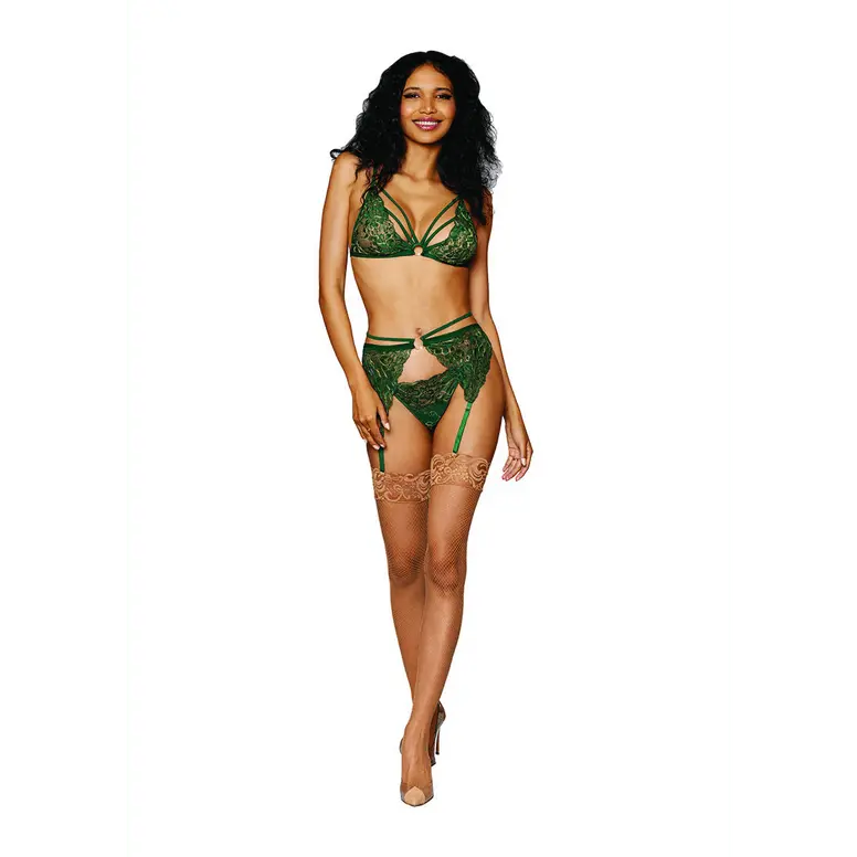 Women's Metallic Corded Lace 3-delige lingerieSet - One Size - Green