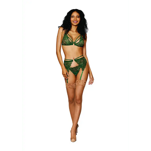 Women's Metallic Corded Lace 3-delige lingerieSet - One Size - Green