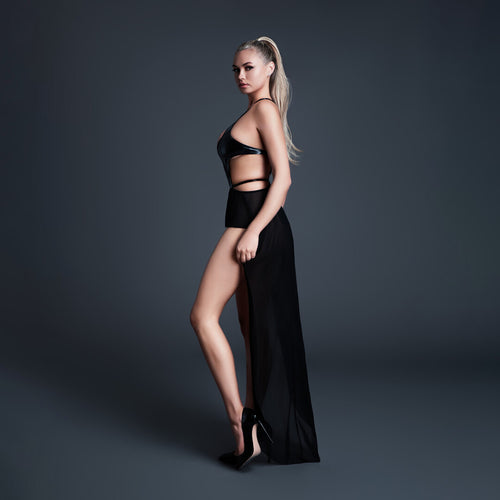 Take Me - Latex-look Vinyl en Mesh Bodysuit met Flirty Rok - Zwart