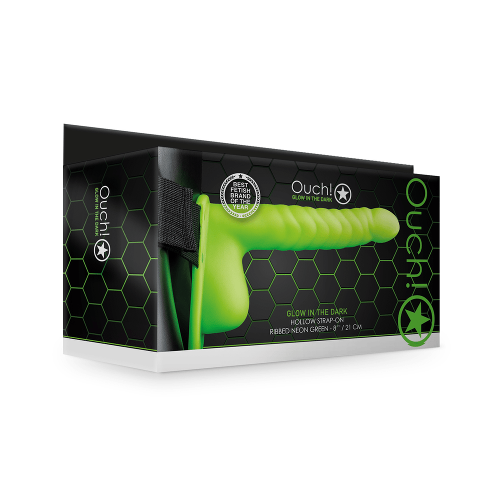 Glow in the Dark Ribbed Hollow Strap-On with Balls - 8 / 21 cm - foto 3