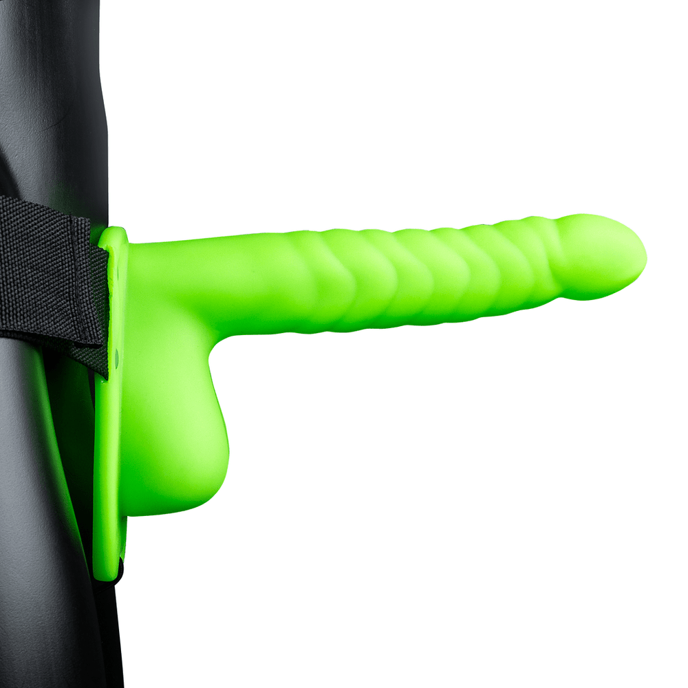 Glow in the Dark Ribbed Hollow Strap-On with Balls - 8 / 21 cm - foto 5