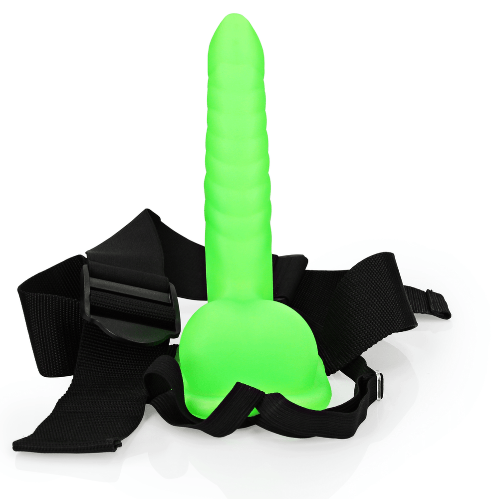 Glow in the Dark Ribbed Hollow Strap-On with Balls - 8 / 21 cm - foto 7