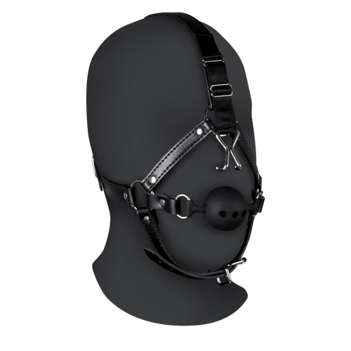 Head Harness with Breathable Ball Gag and Nose Hooks - Black