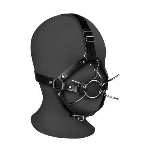 Head Harness with Spider Gag and Nose Hooks - Black