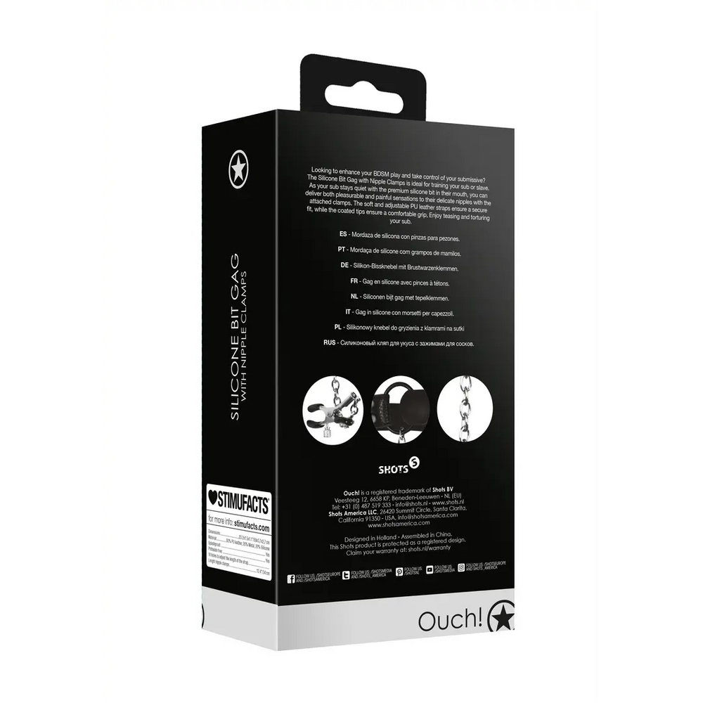 Silicone Bit Gag with Nipple Clamps - Black - foto 6