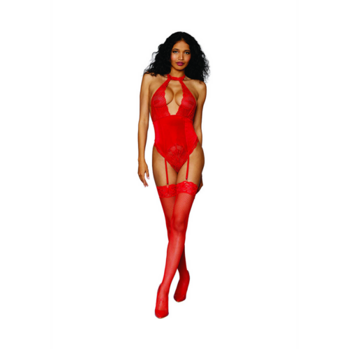 Women's Stretch Lace and Stretch Velvet Garter Teddy - One Size - Red
