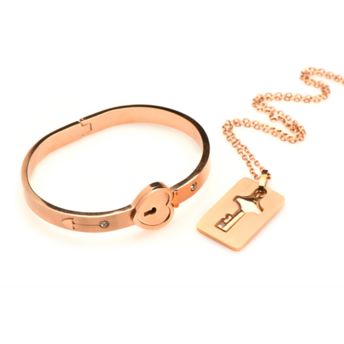 Cuffed Locking Bracelet and Key Necklace - Rose Gold