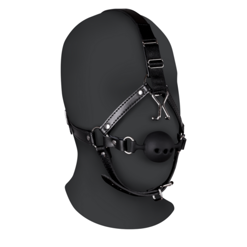 Head Harness with Breathable Ball Gag and Nose Hooks - Black