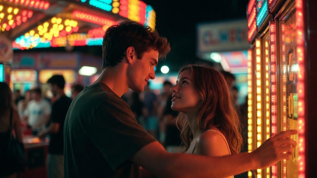 flirtend koppel heeft plezier bij kermis