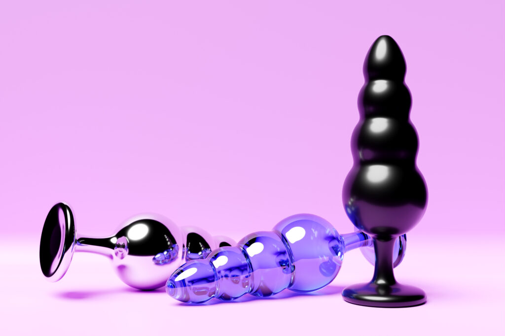 3d illustration collection different types colorful sex toys including dildo butt anal plugs pink background