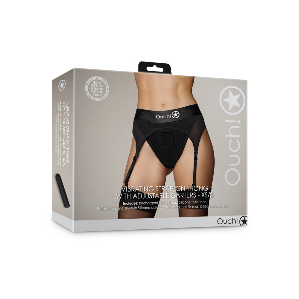 Vibrating Strap-on Thong with Adjustable Garters - XS/S - Black