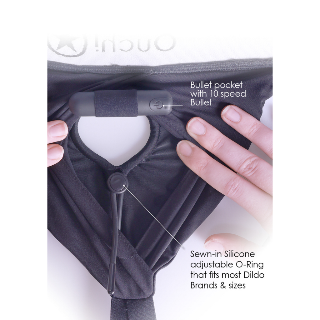 Vibrating Strap-on Thong with Adjustable Garters - XS/S - Black