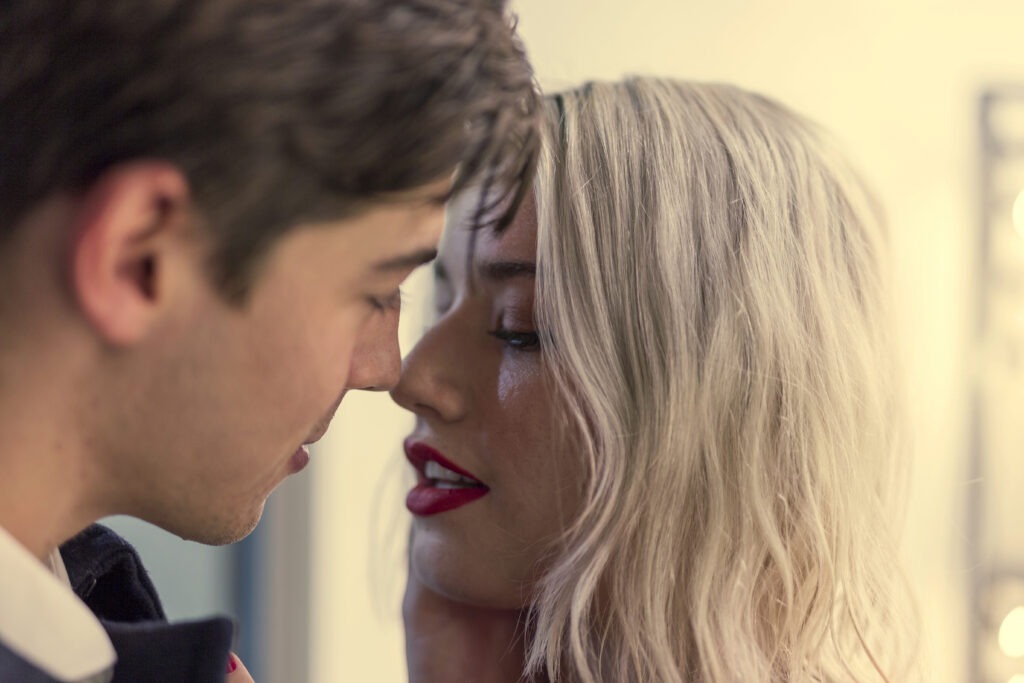 elegant couple looking each other close up